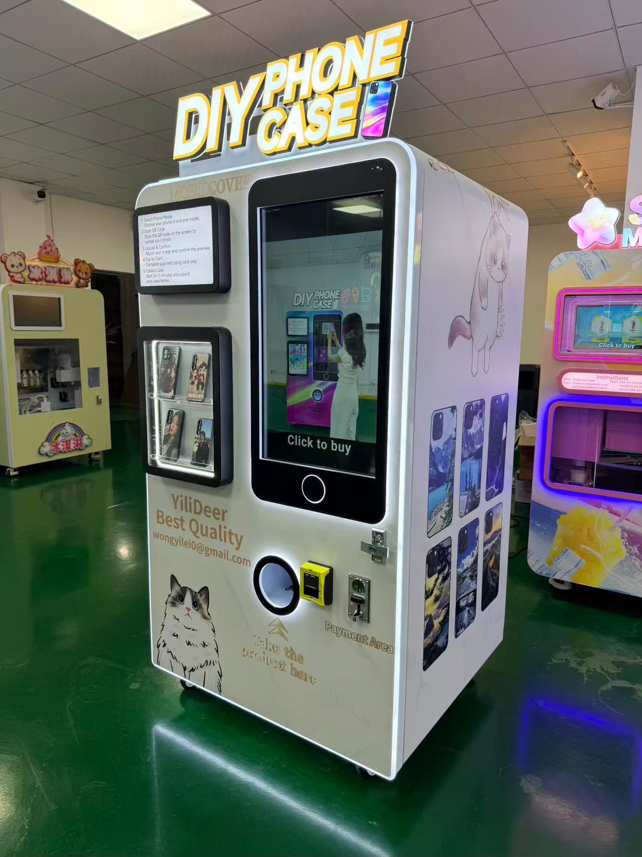 Deer Vending flagship phone-case machine — flagship product photograph, premium retail product showcase.