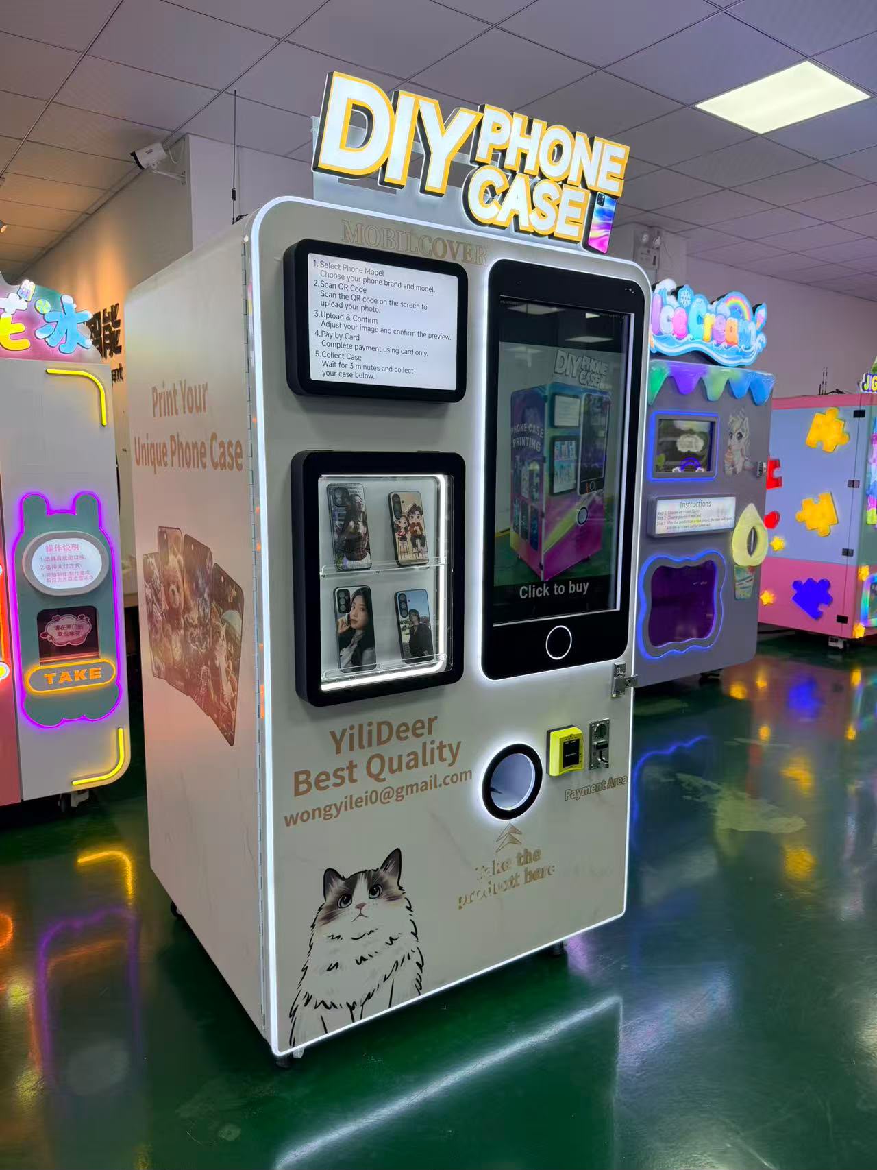 Deer Vending phone case machine installed at Market Place Bolton — touchscreen ordering, contactless payment.